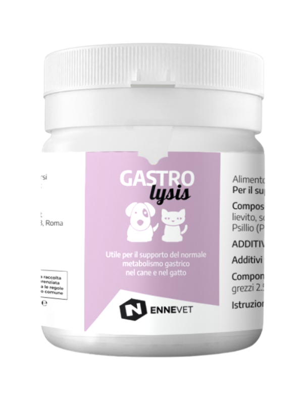 GASTROlysis è un alimento complementare ideato da ENNEvet per il supporto del normale metabolismo gastrico di cani e gatti. Formulato per soggetti con sensibilità gastrica, vomito ricorrente, reflusso o gastriti indotte da stress o terapie farmacologiche, GASTROlysis agisce in modo mirato sulla mucosa gastrica, offrendo un'azione lenitiva, protettiva e regolatrice.