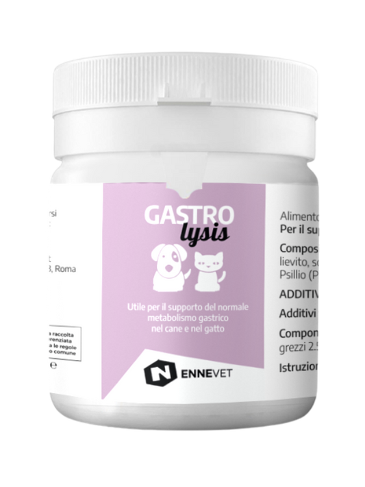GASTROlysis è un alimento complementare ideato da ENNEvet per il supporto del normale metabolismo gastrico di cani e gatti. Formulato per soggetti con sensibilità gastrica, vomito ricorrente, reflusso o gastriti indotte da stress o terapie farmacologiche, GASTROlysis agisce in modo mirato sulla mucosa gastrica, offrendo un'azione lenitiva, protettiva e regolatrice.