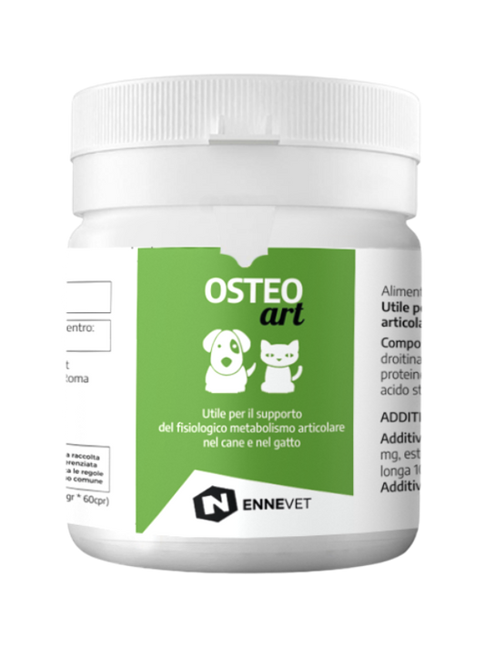 OSTEOart di Ennevet integratore in compresse per cani e gatti, studiato per supportare articolazioni, ossa e cartilagini, ideale in caso di rigidità motoria.